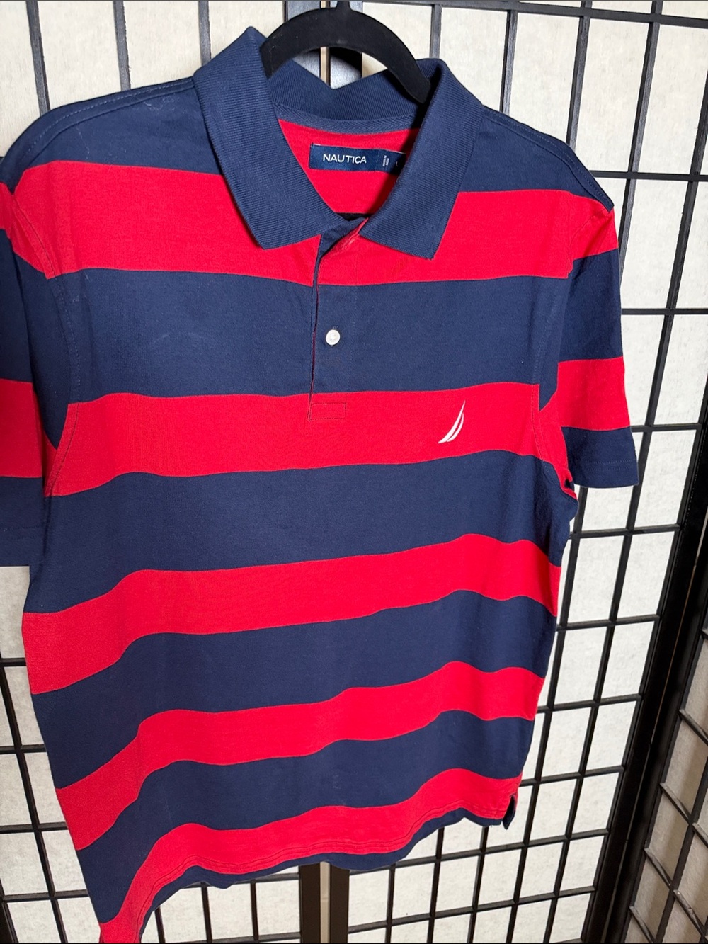 Nautica Red and Navy Wide-Striped Polo Shirt